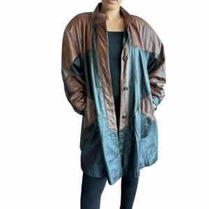 VTG Jon Lawrence Leather Colorblock Swing Coat Oversized Brown Black Small